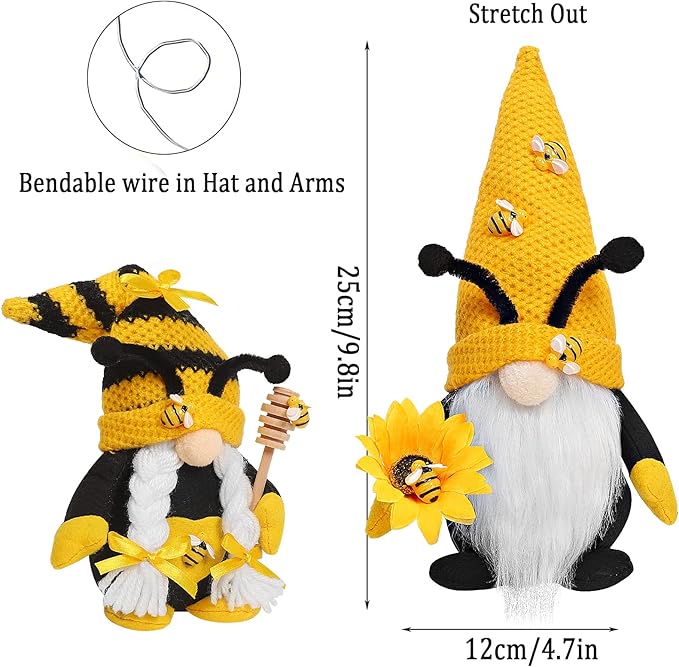 CRCZK Bumble Bee Gnome Plush - Mr and Mrs Honeybee Spring Gnomes Plush Ornaments Tomte Elf World Bee Day Decor, Summer Bee Figurines Table Shelf Tiered Tray Decorations, Gifts for Women