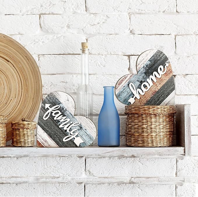 Jetec 2 Pcs Rustic Wooden Heart Table Decor, Daisy Farmhouse Home Decor, Bless This Home & Be Kind Sign for Living Room, Dining Room, Shelf & Mantel, Ideal Housewarming & Birthday Gift(Simple Style)