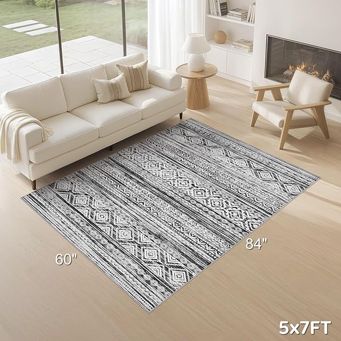 cotiled 5x7 Area Rug Living Room: Washable Boho Rugs with Non Slip Backing Large Soft Indoor Stain Resistant Carpet for Bedroom Farmhouse Dining Room Lightweight Home Decor White/Black