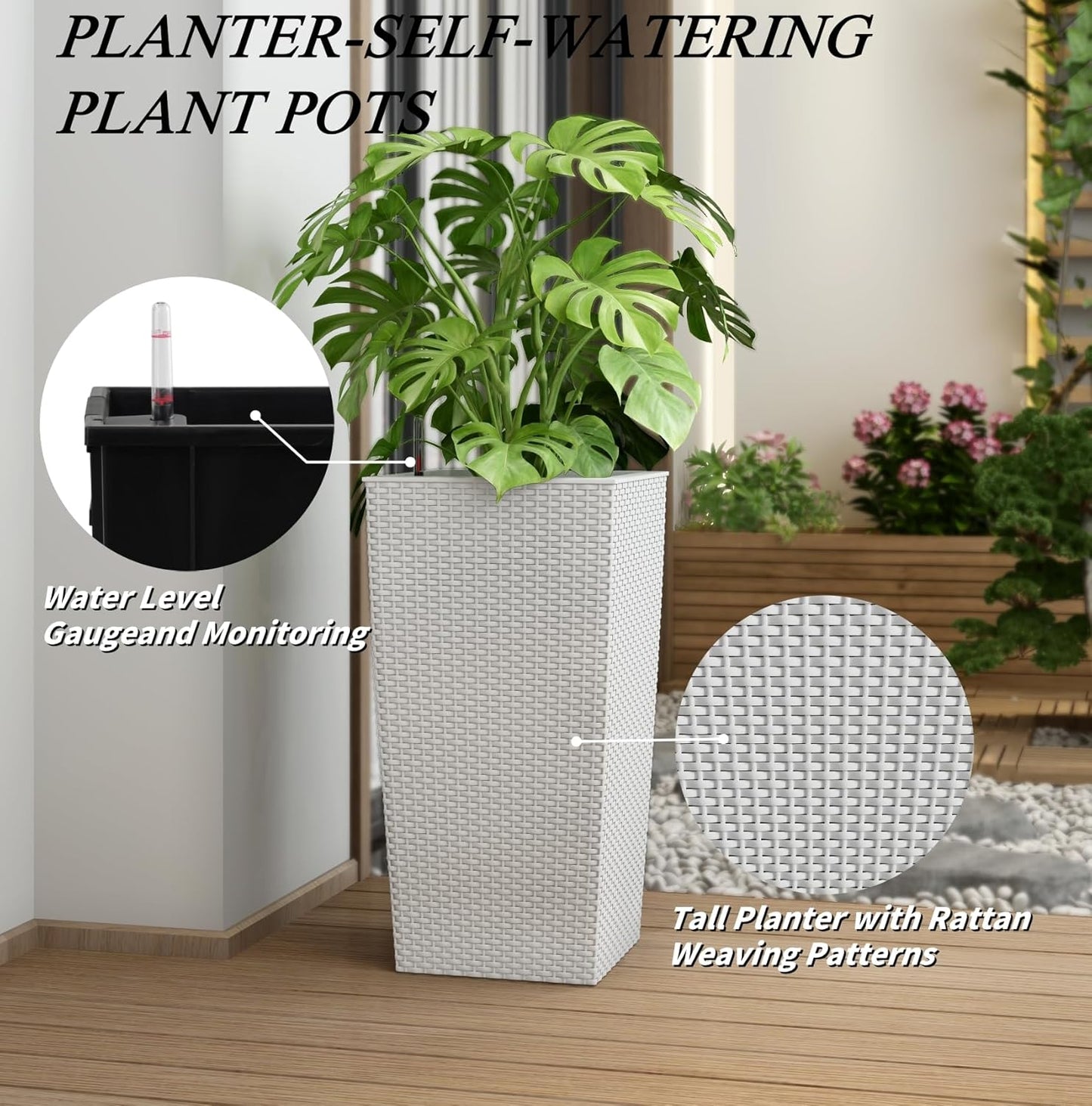 30in Tall Large Plant Pots Planter-Self-Watering Indoor/Outdoor Planting with Drain Holes, Water Level Monitor, Inner Bucket for Front Porch Patio, White Large
