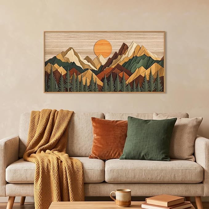 Celestdeco Large Woodcut Style Mountain Framed Canvas Wall Art Set,Woodsy Rustic Ridge Wall Decor,Boho Pine Tree Forest Wall Painting,Abstract Sunrise Wooden Art Print for Living Room,Bedroom,Office-20"X40"(Not-3D Effect)