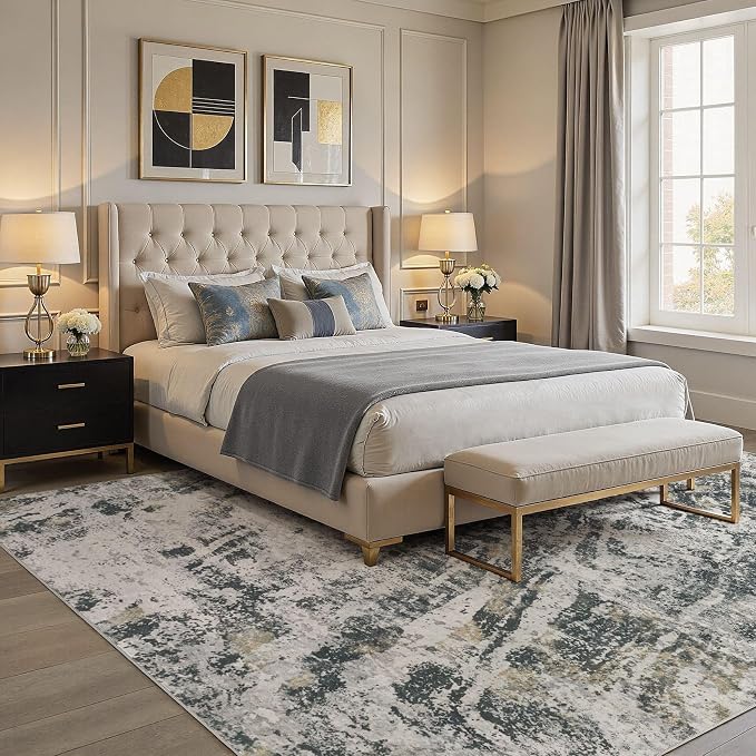 DMOYEST Area Rug Living Room Rugs - 10x12 Large Soft Indoor Neutral Modern Abstract Low Pile Washable Rug Carpet for Bedroom Dining Room Farmhouse Home Office-Black Gold/Grey