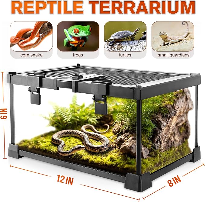 12"x8"x6" Reptile Terrarium, Escape-Proof Glass Top-Opening Vivarium for Small Terrestrial Snakes Such as Garter Snakes, with Escape-Proof Lock & Feeding Hatch