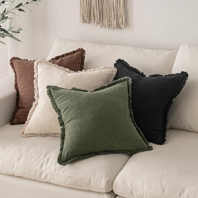 MIULEE Decorative Throw Pillow Covers Neutral Linen Fringe Throw Pillows Set of 2 Black Boho Farmhouse Cushion Covers with Tassels for Couch Sofa Bed Living Room Spring Home Decor 20x20 Inch