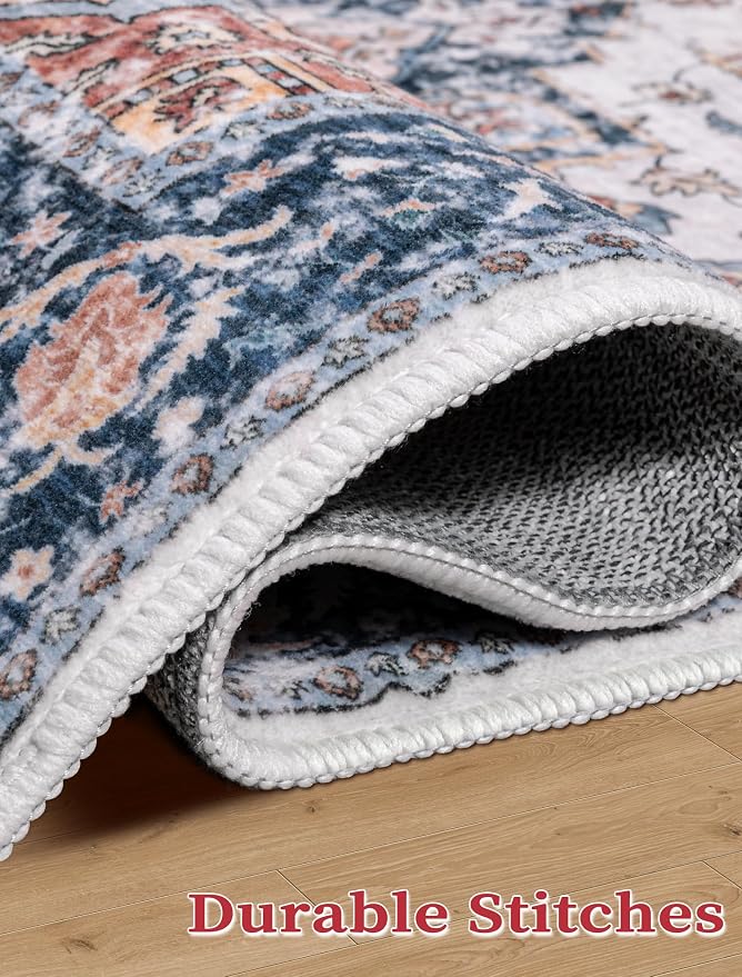 SERISSA Runner Rug for Hallways, 3x10 Washable Non Slip Kitchen Runner Rug, Long Boho Rug Vintage Blue Orange Hallway Stair Ultra Soft Print Floor Carpet for Bedroom Bathroom Laundry Room