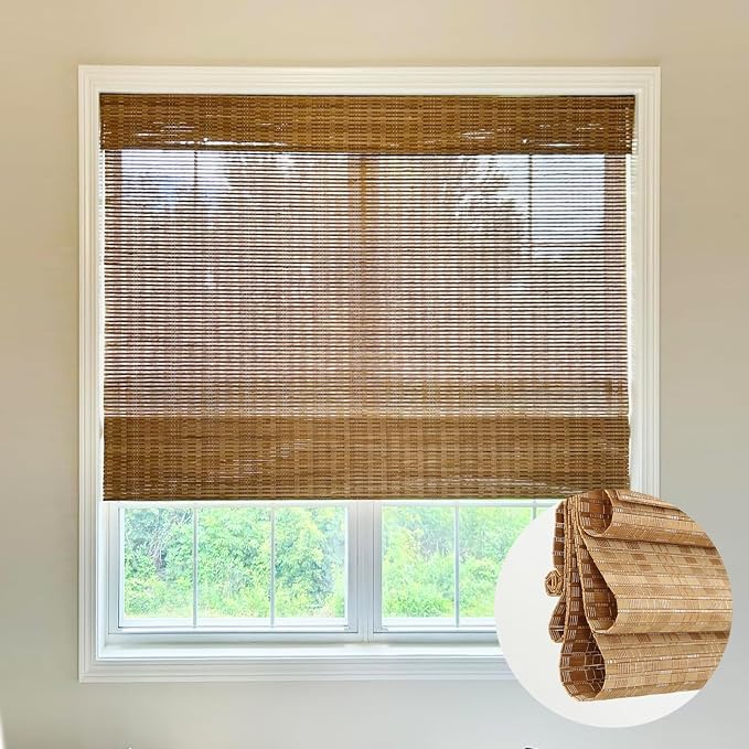 LETAU Cordless Wood Window Shades Blinds, Bamboo Sheer Light Filtering Woven Roman Shades, Walnut Beige, 33" W x 64" L