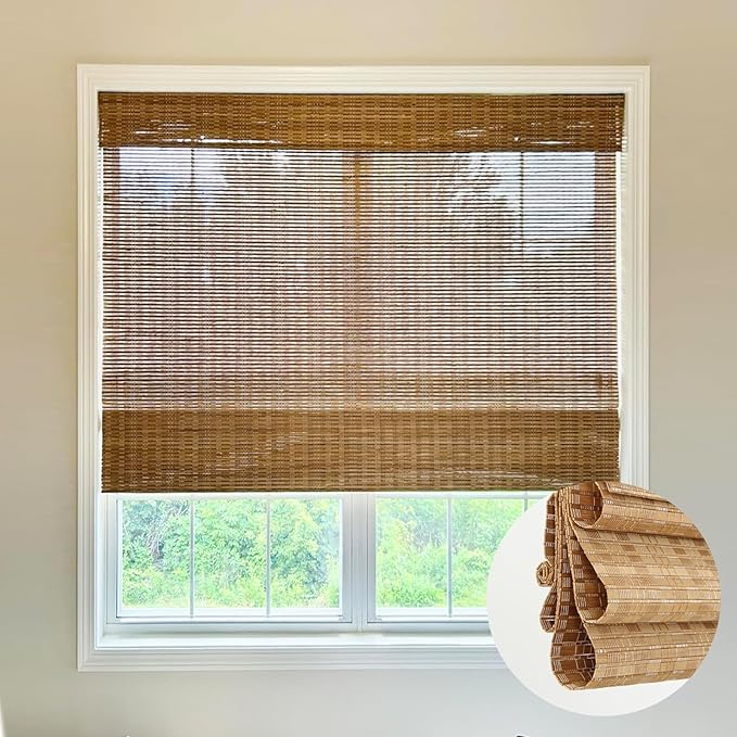LETAU Cordless Wood Window Shades Blinds, Bamboo Sheer Light Filtering Woven Roman Shades, Walnut Beige, 24" W x 48" L
