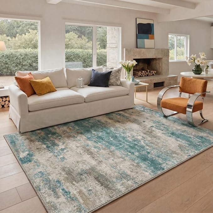 BEIMO 2X5 Runner Rug for Hallway Kitchen, Machine Washable Runners Rug for Entryway, Soft Modern Abstract Throw Rugs, Low Pile Floor Cover with Non Slip Backing, Dusty Teal Grey
