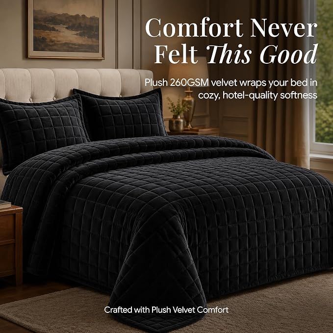 Tribeca Living Luxury Velvet Quilt Twin Size Set - 260GSM Ultra-Soft Oversized Velvet Bedspread Comforter Set with 1 Sham, in Florence Black