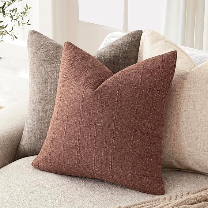 Foindtower Set of 2 Decorative Linen Check Throw Pillow Covers Neutral Farmhouse Vintage Cushion Covers Modern Boho Home Decor for Sofa Chair Couch Bedroom Living Room,16×16 Inch,Autumnal Red