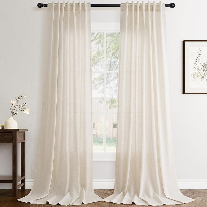 Jowels Beige Linen Curtains 84 Inch Long 2 Panels for Living Room | Tan Flax Light Filtering Sheer Curtain,Back Tab Pocket Pleated Look,Farmhouse Textured Privacy Drapes for Bedroom Window