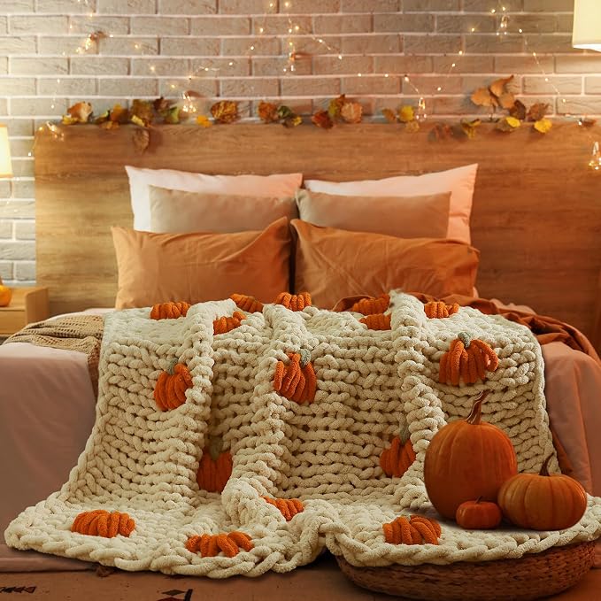 Mindsoft Chunky Knit Throw Blanket Large 50" X 60" 100% Handmade Cream Chenille Loop Yarn Fluffy Soft Knitted Throw Big Cozy Thick Cable Knit Crochet Blanket for Couch Sofa Bed (Orange,Pumpkin)