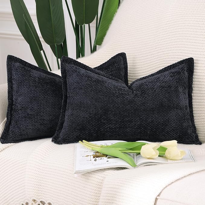 MADIZZ Decorative Chenille Velvet Throw Pillow Covers Set of 2 Soft Boho Textured Neutral Couch Throw Pillow for Bed Modern Farmhouse Home Decor for Sofa Livingroom Black 12x20 Inch
