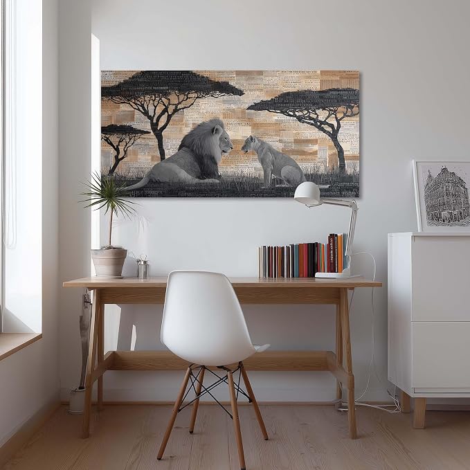 Lions Couple Wall Art for Living Room Canvas Painting Prints Text Collage Style Male and Female Lion African Savannah Deco Retro Rustic Artwork Office Bedroom Farmhouse Dining Room Decor Extra Large