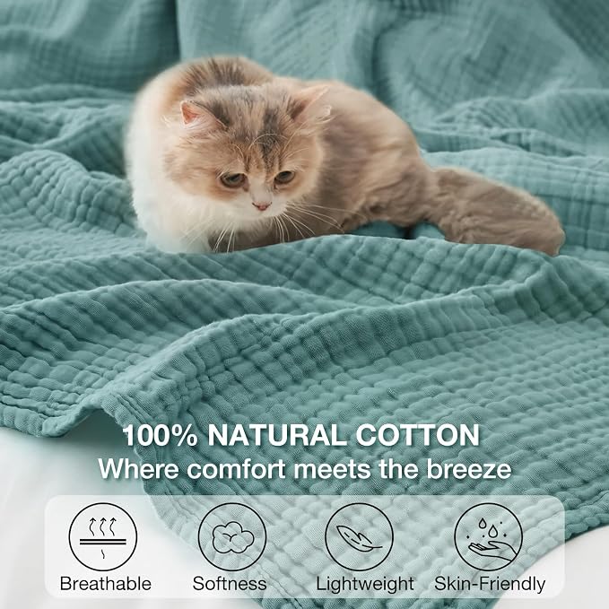 100% Cotton Muslin Blanket Twin XL 66" x 90", Breathable and Cooling Bed Blankets, Soft Boho Bedspread, Gauze Bedding for Adults All Season, Turquoise, Teal