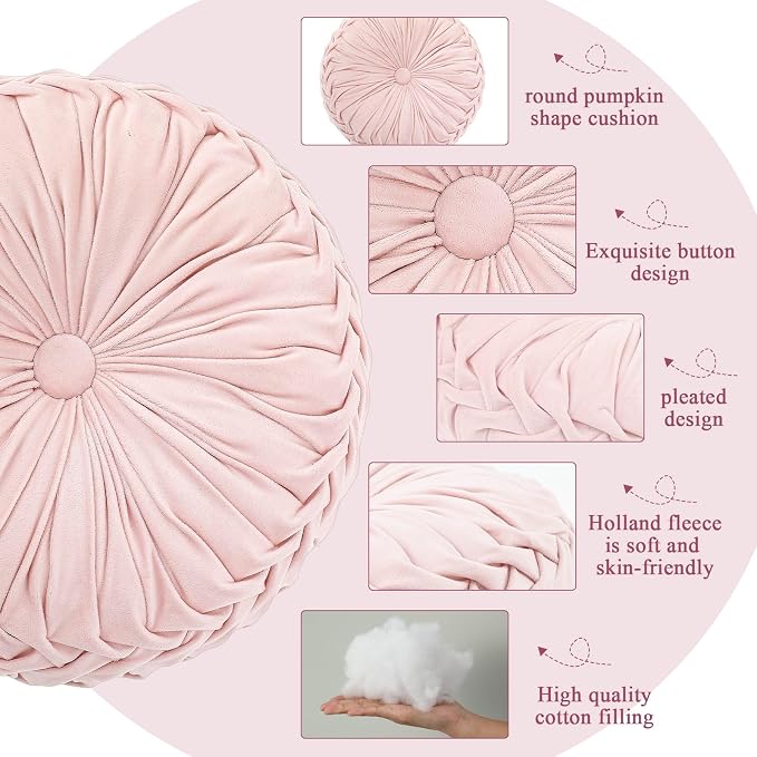 Drydiet 1 Pcs Round Throw Velvet Pillows Decorative Pleated Throw Pillows Diameter Accent Pumpkin Boho Chair Cushion for Couch Sofa Home Decoration (Pink,15'')