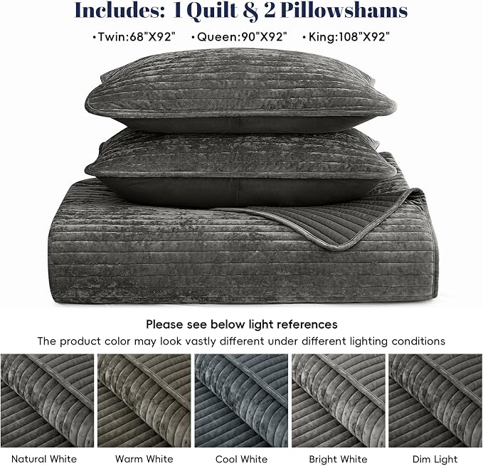 PHF Luxury Velvet Quilt Set Queen Size – 3PCS Ultra Soft Quilted Comforter Alternative with Striped Channel, Cozy Quilted Bedspread, 1 Coverlet with 2 Matching Shams, 90" x 92", Grey