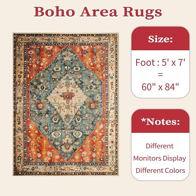 SERISSA 5x7 Boho Tribal Area Rug, Washable Large Rugs for Living Room, Ultra Soft Non-Slip Bedroom Rug Print Distressed Vintage Farmhouse Carpet Rug for Dining Room Dorm Office Home Decor