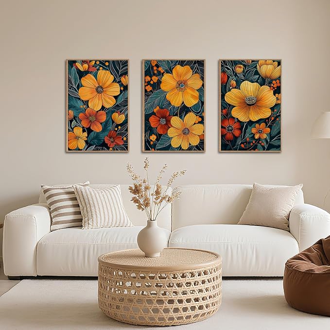 SIKERIC Vintage Orange Floral Wall Art Set of 3, Mid Century Flower Framed Canvas Art Painting, Modern Nature Botanical Art Prints, Boho Neutral Plant Wall Decor for Living Room, Bedroom, Office-24x36