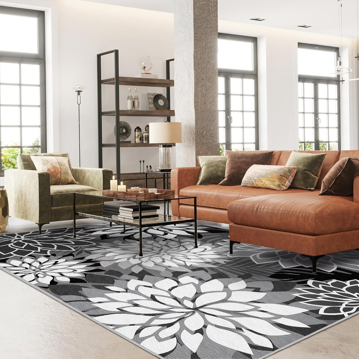 Indoor Outdoor Area Rug Washable Multicolored Rug Tropical Botanical Modern Floral Indoor Outdoor Carpet Black White Rug Non Slip Non Shedding for Patio, Deck, Backyard, Porch (9x12)