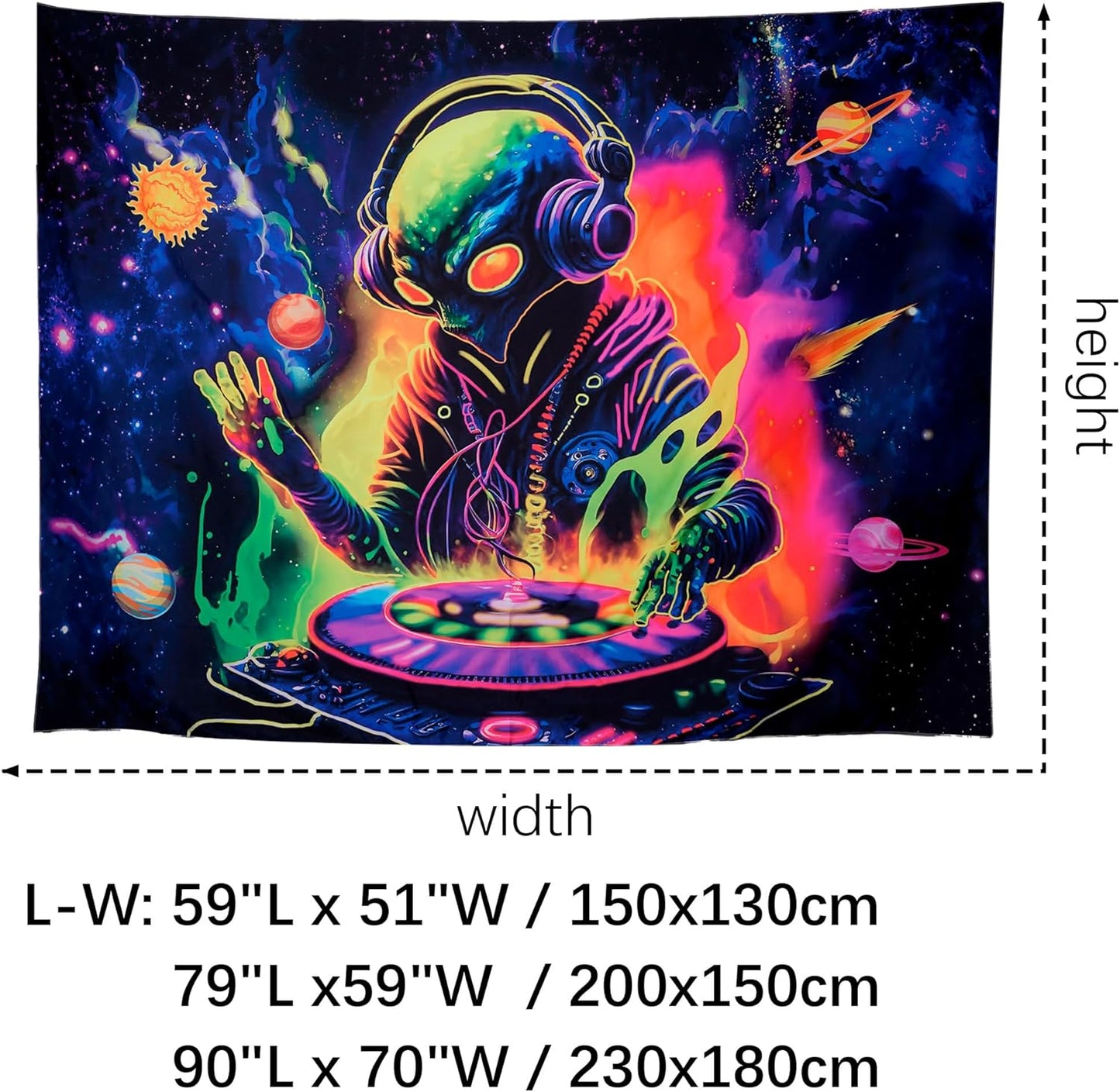 OSVINO Blacklight Alien Tapestry 90"x70" UV Reactive Alien DJing Wall Hanging Art Bedroom Decor Moon and Sun Planets Posters Wall Hanging Hippie Decor