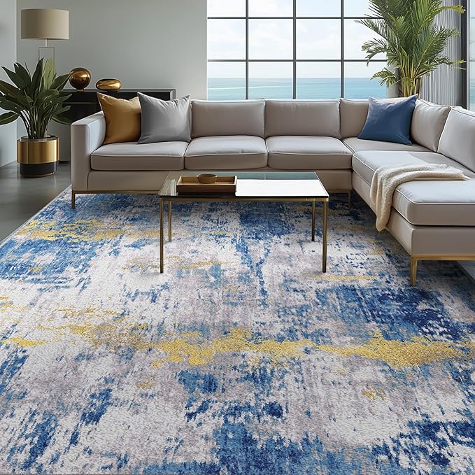 RELEANY Washable Area Rugs 9'x12' Non-Slip Modern Abstract Soft for Living Room Entryway Bedroom Nursery, Print Pattern, Grey Blue Gold/Golden