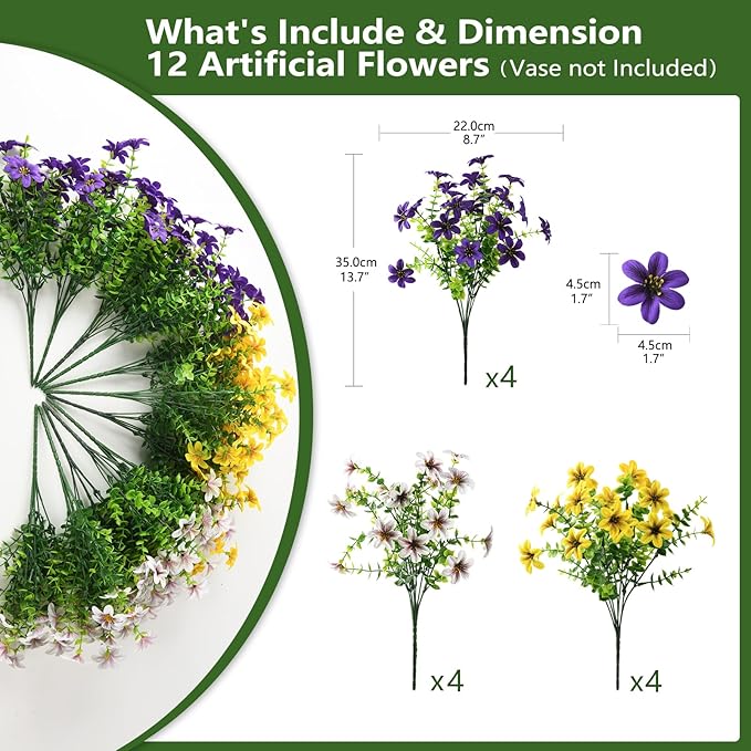 Homsunny Artificial Fake Flowers for Outdoor Spring Decoration, 12 Bundles Faux Plants Silk Daisy UV Resistant Realistic for Outside Porch Patio Balcony Planter Yard Garden Home Decor(Mixed 3)