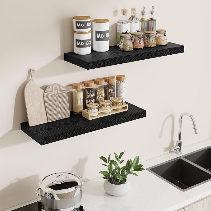 Dreamland 30Inch Black Floating Shelves 8" Deep Wall Mounted Set of 2 | Wall shelves for bathroom, bedroom, Living Room, kitchen, deep wall mount wood storage display for home decor 30" x 8"