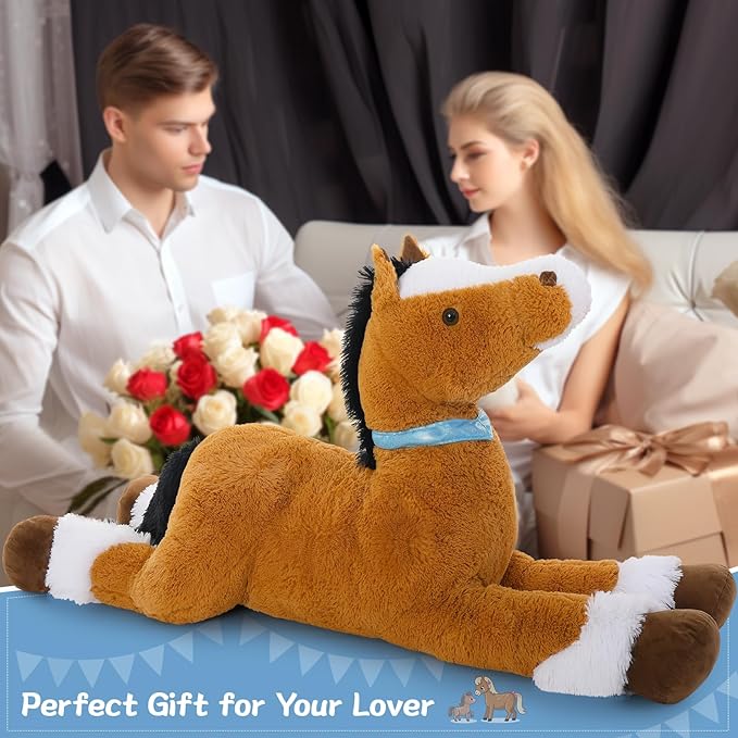 Tezituor 4ft Darkbrown Horse Stuffed Animals, 47Inches Realistic Stuffed Pony Plush Toys for Ridding, Hugging Soft Horse Plush Body Pillow Christmas Birthday Gift for Boys Girls