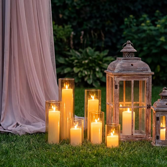Shihanee Set of 6 Pillar Candles and Glass Cylinder Vases Assorted Sizes Cylinder Holders for Pillar Candles Home Table Centerpieces Wedding Party Decorations (Ivory，Amber)