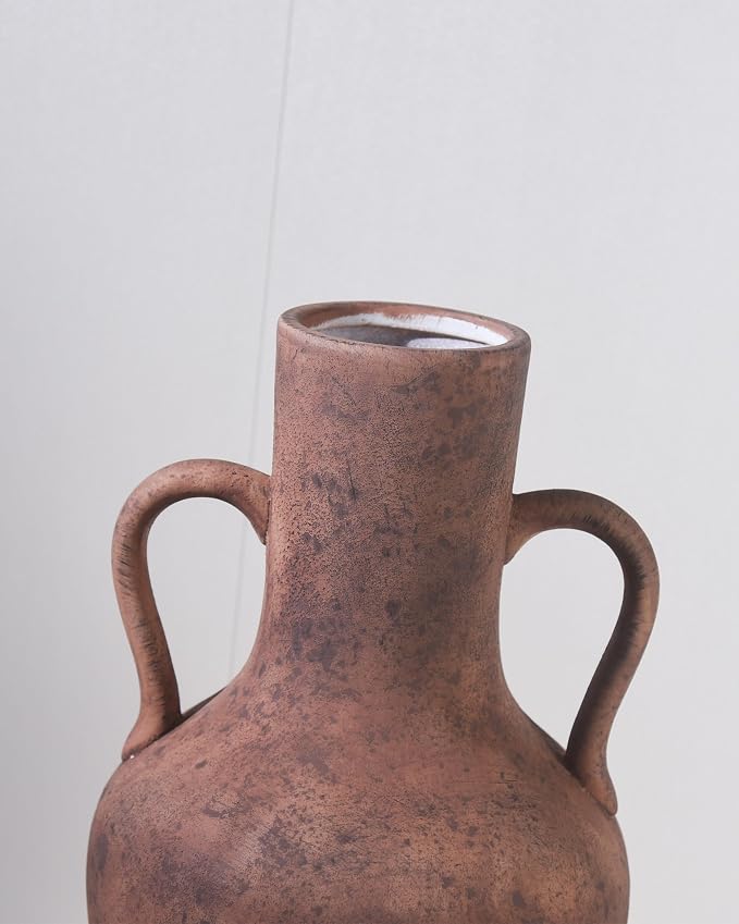 20.5in Tall Ceramic Floor Vase with Vintage Handles, Terracotta | Large Antique Terracotta Ceramic Floor Vase with Beige Speckles and Distressed Markings for Rustic Farmhouse Home Decor