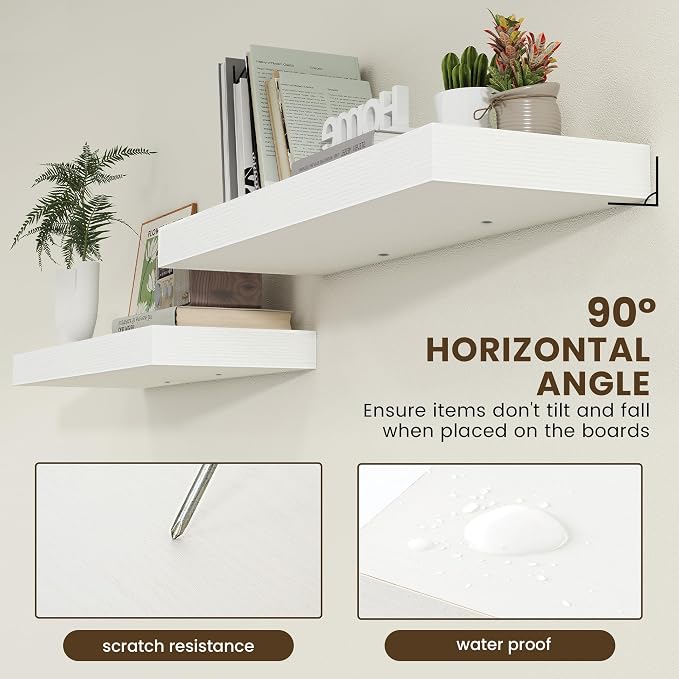 FLYJOE 36'' White Floating Shelves Set of 2, 12 Inch Deep Wood Shelves for Wall, 36 Inch White Shelves for Books, Toiletries, Kitchen Utensils, Laundry, 45Lbs, Hardware Included