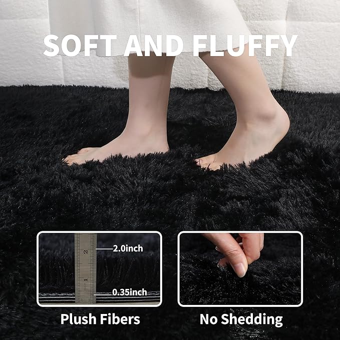 KICHOWUA 3x5 Black Fluffy Shag Rug for Bedroom, Soft Plush Fuzzy Washable Non Slip Floor Cozy Carpet, Modern Comfy Furry Shaggy Small Area Rug for Living Room, Kids Baby Boys Girls Nursery Dorm Room