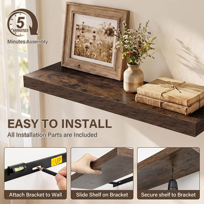 Acovy 55in Long Floating Shelves for Wall Set of 2, Wood Wall Shelves for Bathroom Bedroom Kitchen Living Room Laundry Room, Modern Floating Shelf for Home Decor
