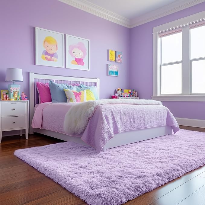 PAGISOFE Purple Rugs for Girls Bedroom 6x9 Ft Fluffy Living Room Area Rugs, Soft Bedside Princess Rug for Kid's Room Nursery Christmas Home Decor Shag Carpet for Kids Playroom,Plush Mermaid Kawaii Rug