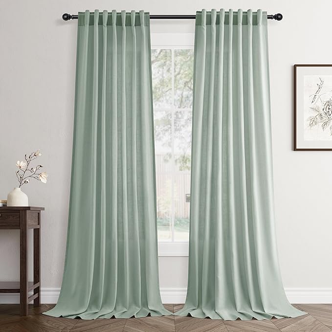 Jowels Aqua Green Linen Curtains 84 Inch Long 2 Panels for Living Room | Light Filtering Semi Sheer Curtain, Back Tab Pocket Pleated Look, Boho Farmhouse Textured Privacy Drapes for Bedroom Window