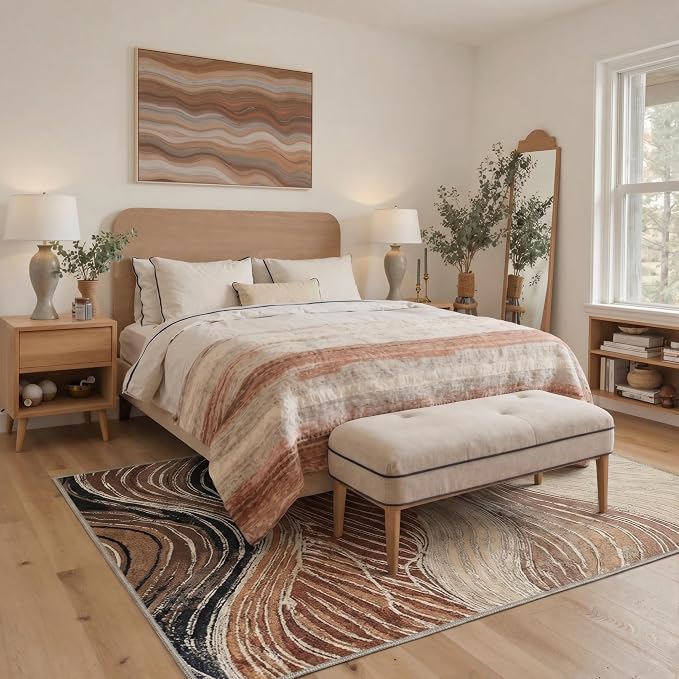 BEIMO Area Rugs 8x10 for Living Room Bedroom, Modern Abstract Machine Washable Rug, Large Soft Low Pile Floor Carpet with Non Slip Backing for Dining Room, Caramel Sand