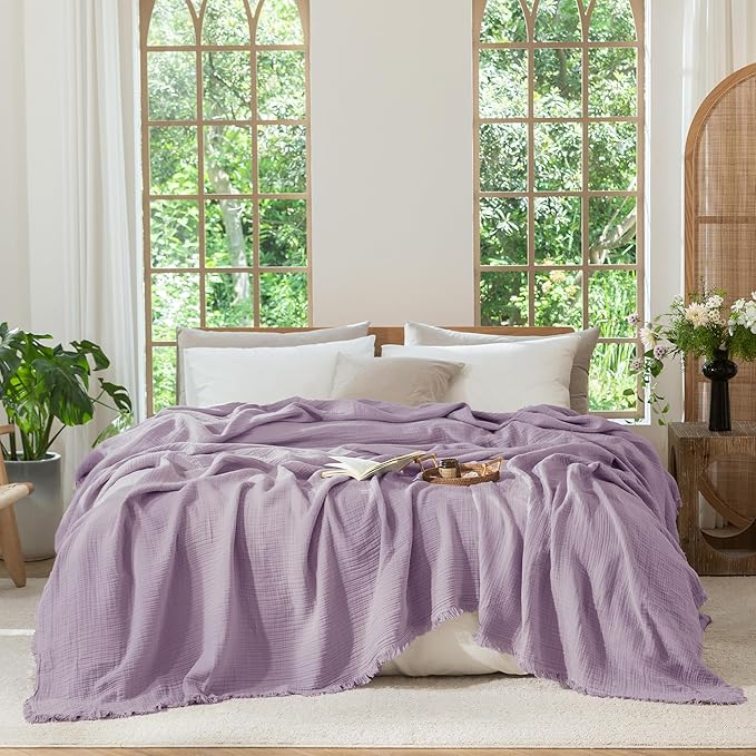 MooMee Muslin Blanket - 100% Cotton 4-Layer Gauze Throw Blanket with All-Around Fringe, Soft Breathable Lightweight Cooling Summer Blankets for Bed Couch(Light Purple,Oversize Queen 98" x 98")