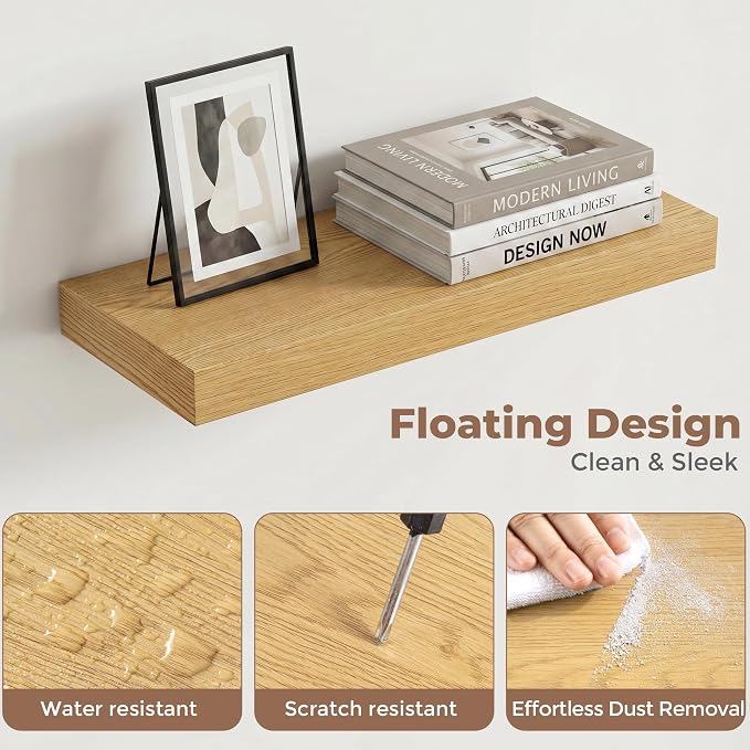 Venusmiles Floating Shelves for Wall, 16 Inch Floating Shelves Set of 2, 6.5" D Wooden Wall Mounted Display Shelves with Invisible Brackets for Living Room, Bedroom, Bathroom, Kitchen Decor, Oak