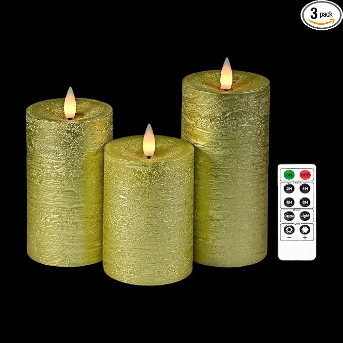 Shiny Metallic Gold Flameless Pillar Candles, Patented 3D Moving Flame with Remote Timer, Battery Operated 400hrs LED Candles for Home, Wedding & Holiday Decor