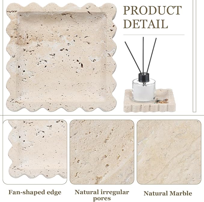 Threehoney 5.5 Inch Small Travertine Stone Tray Marble Jewelry Dish Trinket Tray for Women, Perfume, Coffee Table(Square,Scallop)