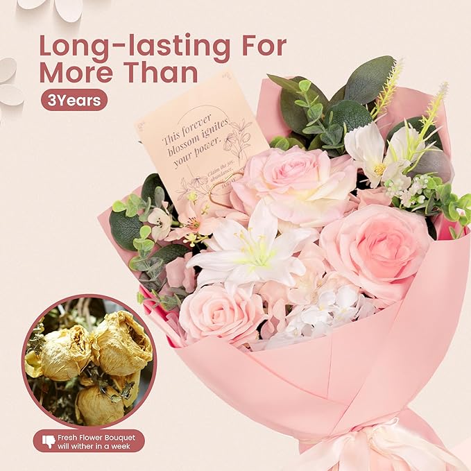 TINGE TIME Preserved Flowers Bouquet, Pink Forever Flowers Bouquet, Flowers for Delivery, Birthday Wedding Anniversary Valentine Gifts for Women Mom Grandma Her Wife Girlfriend