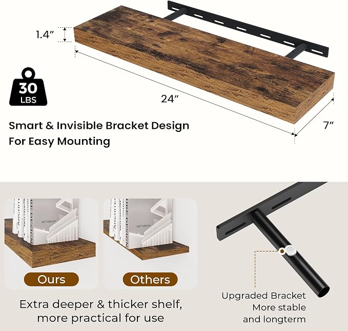 Dreamland 24Inch Floating Shelves for Wall 6.7" Deep Rustic Brown Set of 2 | Wall shelves for bathroom, bedroom, kitchen, deep wall mount wood storage display for home decor 24" x 6.7"