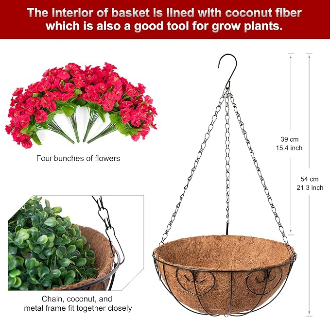 Ammyoo Artificial Hanging Flower Plants with Basket for Outdoor Decoration, Faux Petunias Flowers Fake Morning Glory Plants for Hanging Outside Patio Garden Porch Balcony Yard Spring Decor(Red)