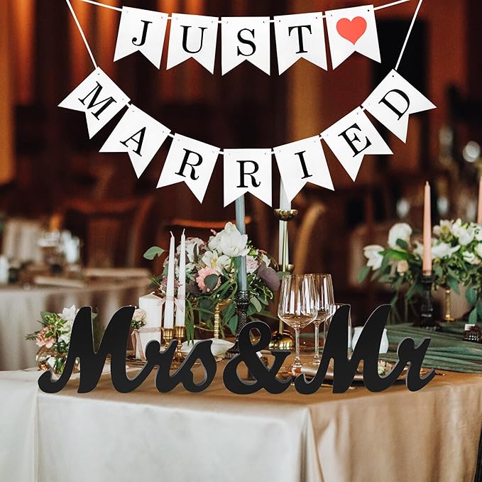 Mr. & Mrs. Sign for Table, Just Married Banner, Wooden Wedding Decor - Black Banner