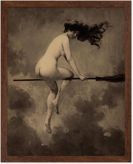 Poster Master Vintage Albert Joseph Penot Poster - Retro Halloween Print - Gift for Artist, Friend - Departure for the Sabbath, Naked Witch on Broom - Wall Decor for Bedroom, 16x20 Brown Framed