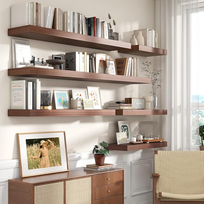 FLYJOE 30 Inch Floating Shelves | 12 Inch Deep Walnut Floating Shelves Set of 2 | 30" W x 12" D Rustic Wood Shelves for Wall | Deep Walnut Shelves for Living Room Bathroom Laundry Room Kitchen
