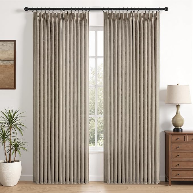Taupe Pinch Pleated Linen Semi Sheer Curtains 96 Inches Long 2 Panels for Living Room Bedroom Rustic Country Thick Linen Textured Farmhouse Pinch Pleat Curtain Drapes with Hooks Rings 96 Inch Length