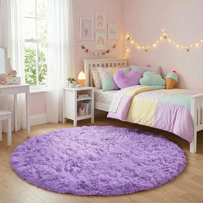 Amdrebio Purple Round Rugs 5Ft for Girls Bedroom Decor Aesthetic, Fluffy Fuzzy Circle Area Rug for Kids Playroom, Cute Furry Shaggy Circular Princess Carpet for Living Room, Baby Nursery, Preppy Dorm