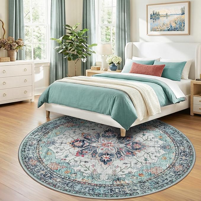 RELEANY Area Rugs 8ft Washable Non-Slip, Floral Vintage Distress Print Pattern Medallion Carpet for Living Room Bedroom Dining Room, Green Navy Blue White Red Teal Colorful